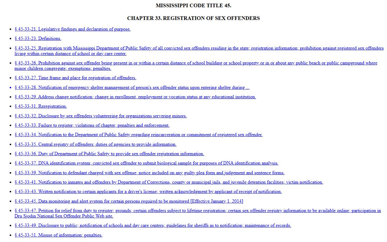 Tallahatchie County criminal history and Mississippi sex offender registry law page