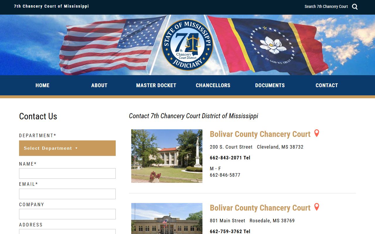 Tallahatchie County Chancery Court docket contact page for the Seventh Chancery District