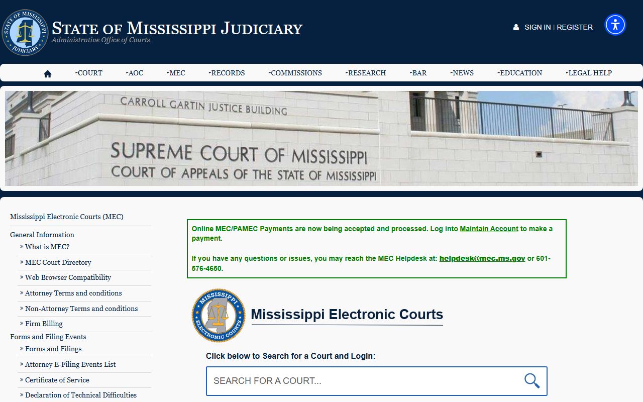 Mississippi Electronic Courts page covering Tallahatchie County court records access
