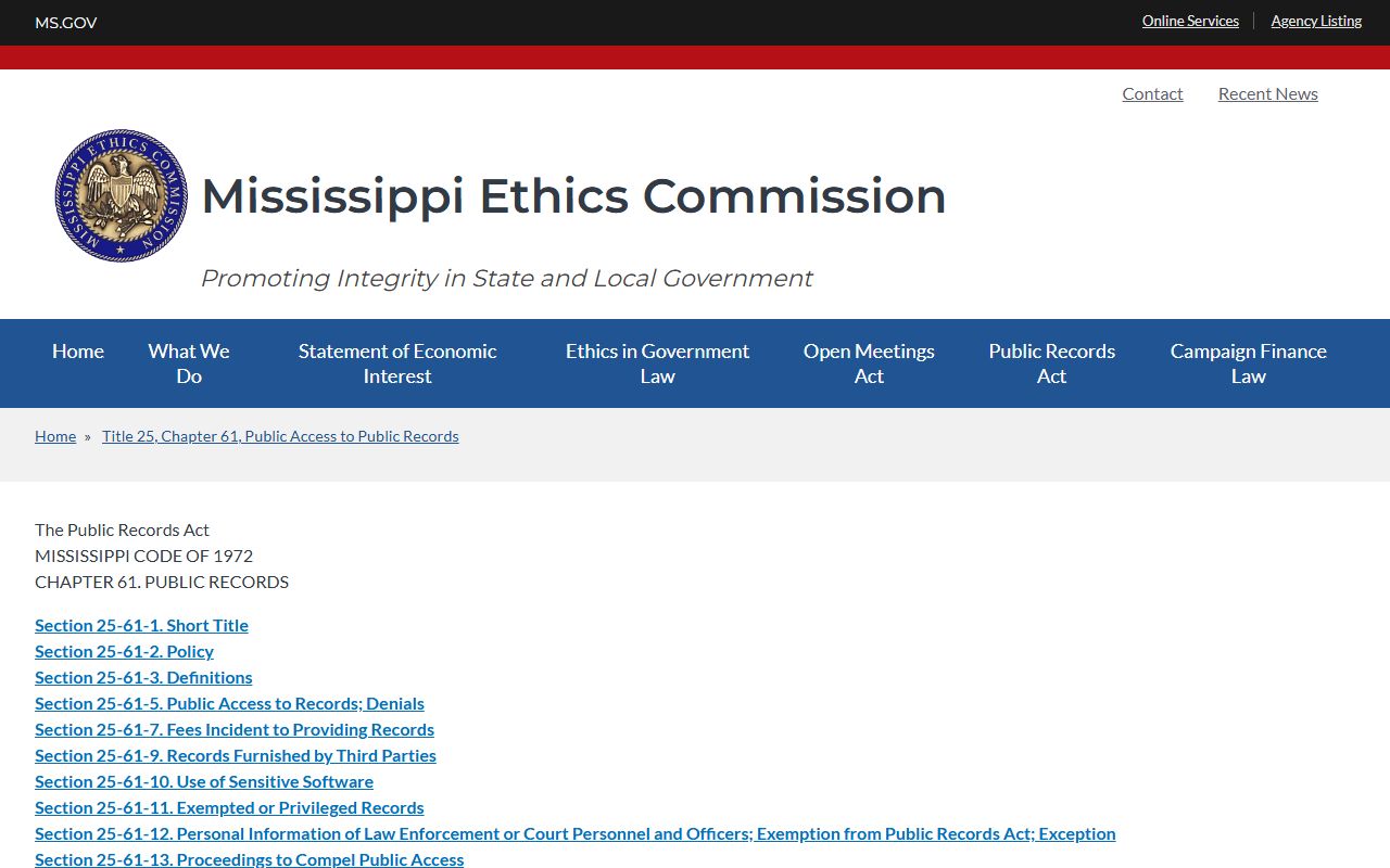 Mississippi Public Records Act page explaining access to Tallahatchie County court records