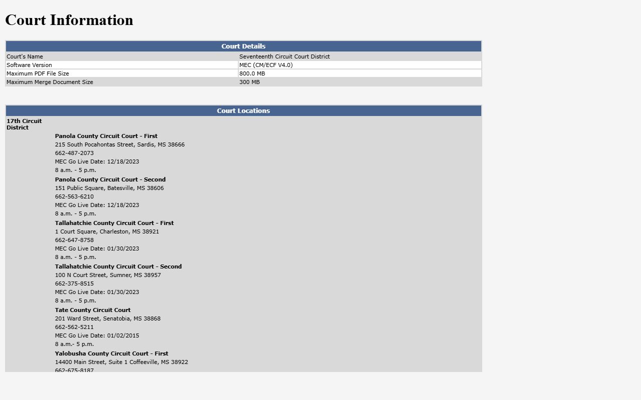 Tallahatchie County Circuit Court records page on Mississippi Electronic Courts