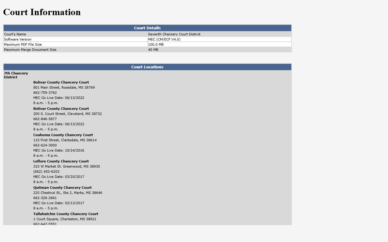 Tallahatchie County Chancery Court records page on Mississippi Electronic Courts