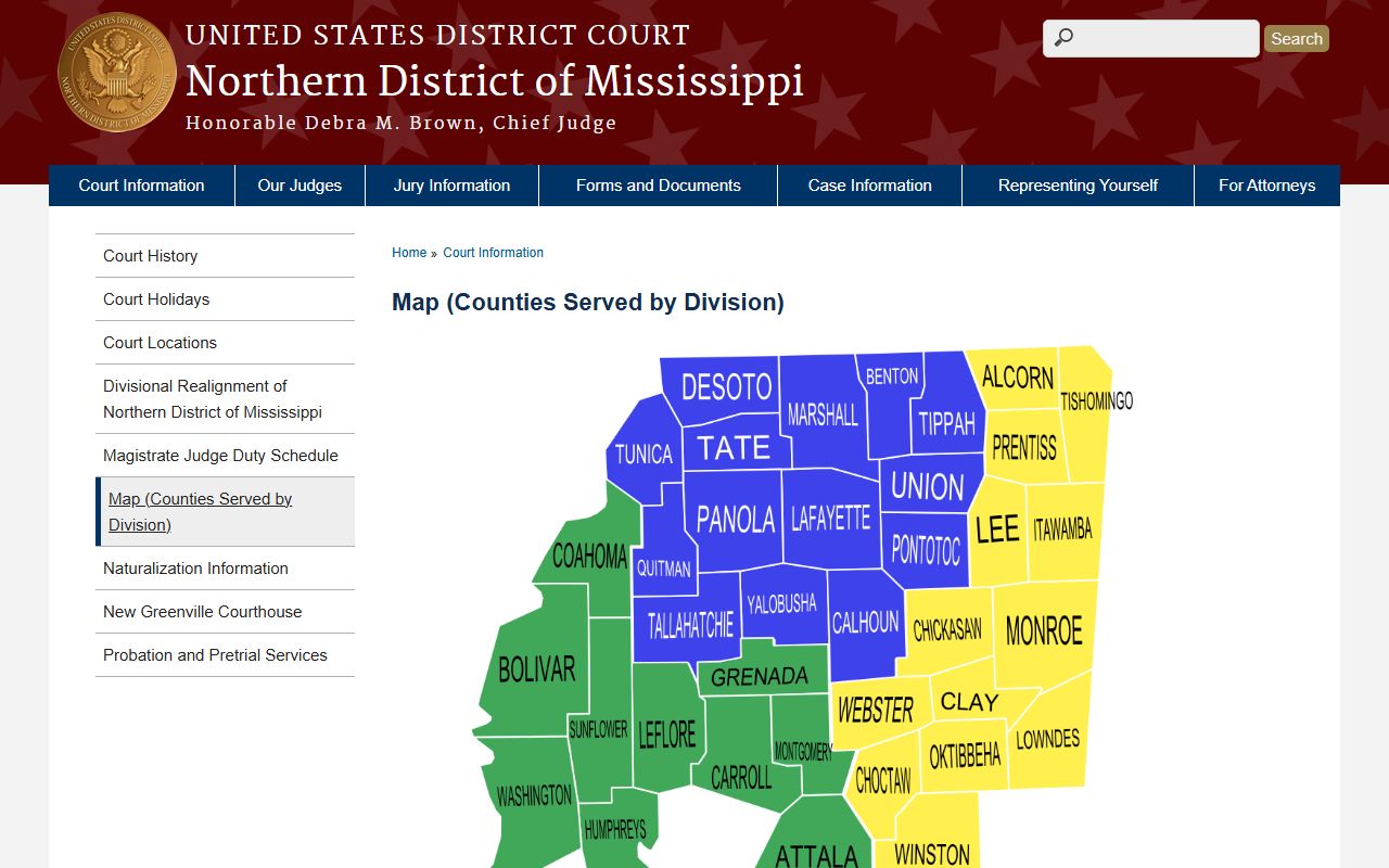 Tallahatchie County Circuit Court federal records map for the Northern District of Mississippi