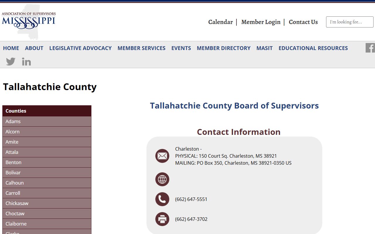 Tallahatchie County court records office directory and county supervisors page