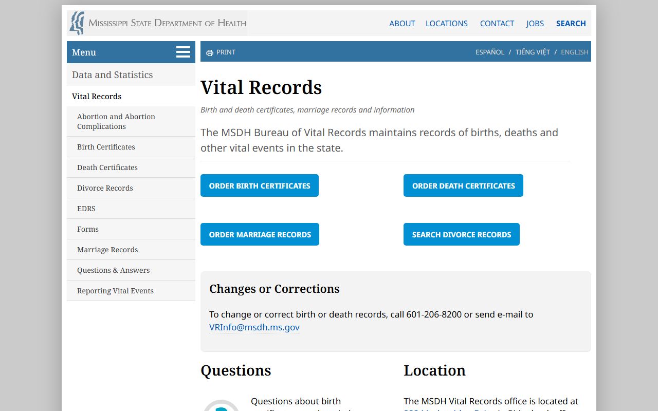 Tallahatchie County marriage records ordering options on the Mississippi Vital Records page