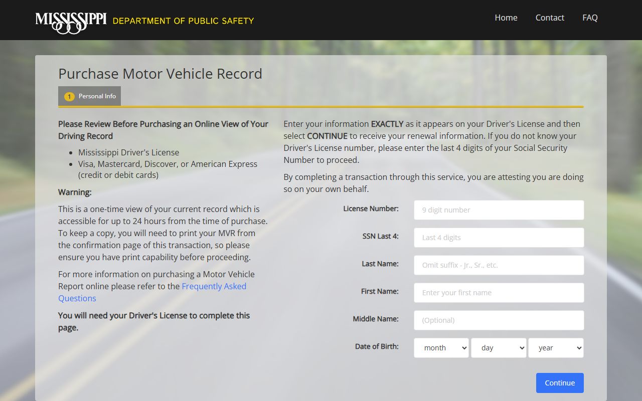 Tallahatchie County traffic records and the Mississippi DPS Motor Vehicle Record online purchase