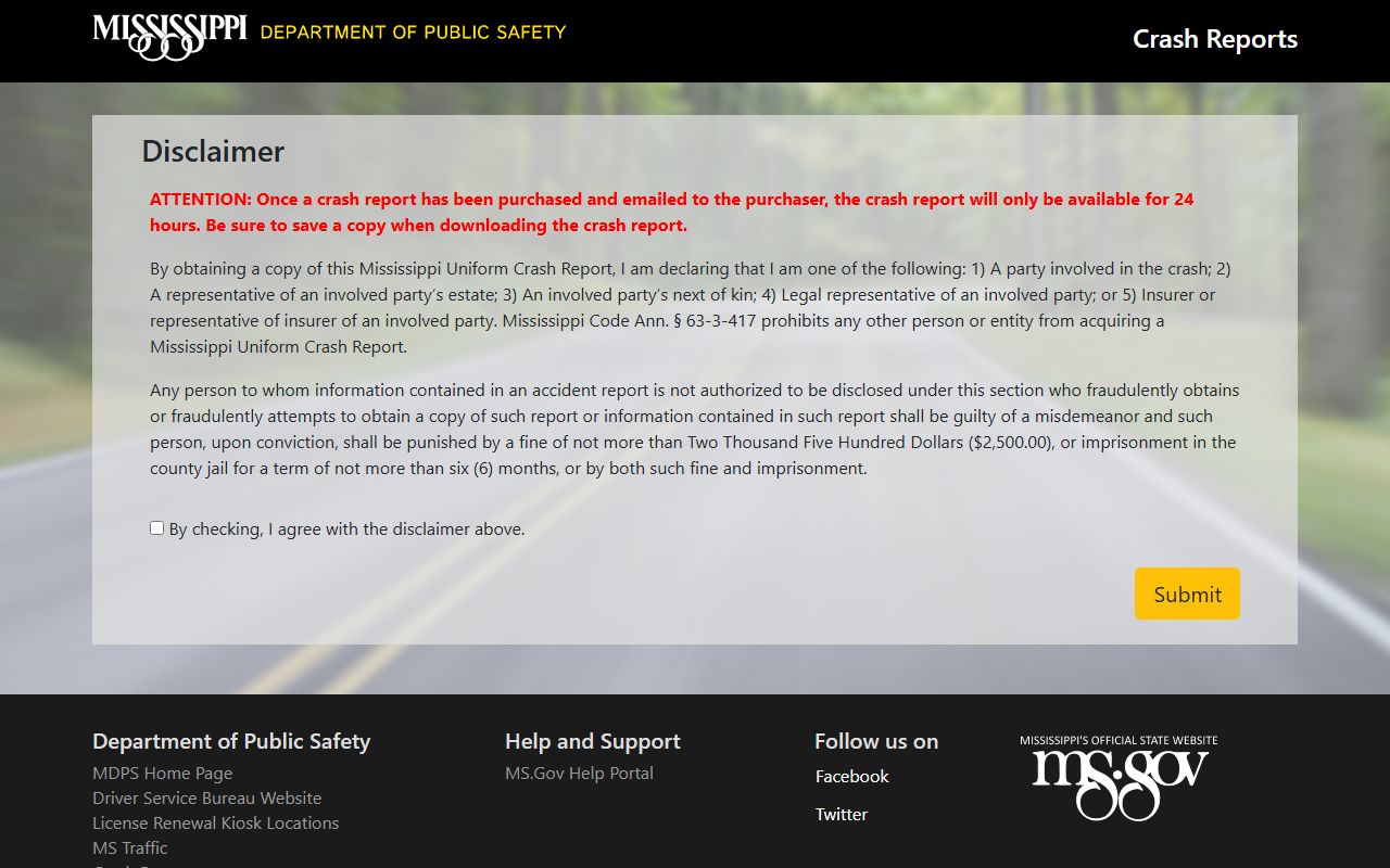 Tallahatchie County traffic crash report fees through Mississippi DPS